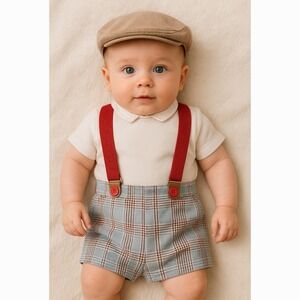 Marta y Paula Baby Boy Plaid Suspenders Shorts Size 6M Christmas Vintage Retro